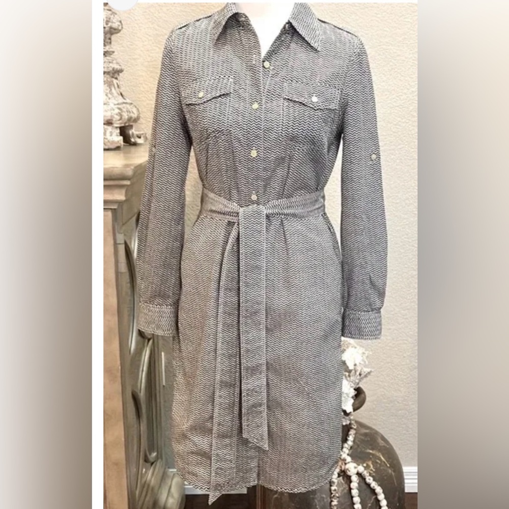 Tory Burch ORIGINAL Women's Black and White Chevron Button-Down Dress Sz 8